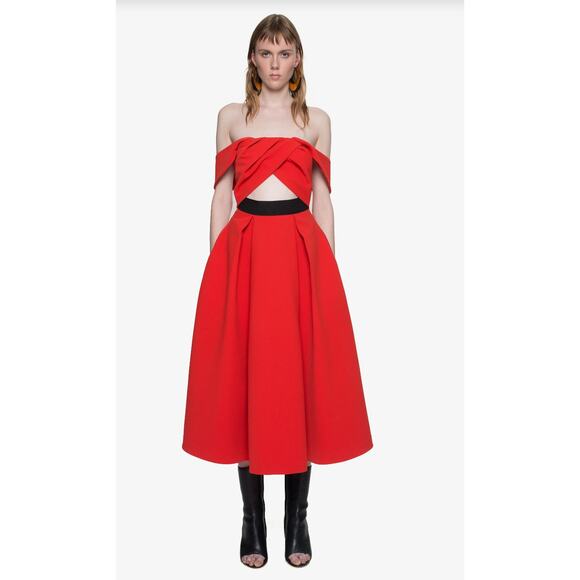 Self-Portrait US2 UK6 Ayelette Cutout Double-Crepe Dress $640 Off Shoulder Red - Picture 11 of 12